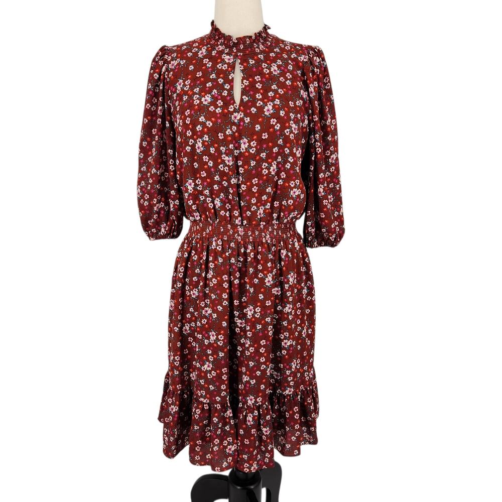 Nanette Lepore Dress – Red Floral Smocked Midi with Ruffle Trim & Puff Sleeves